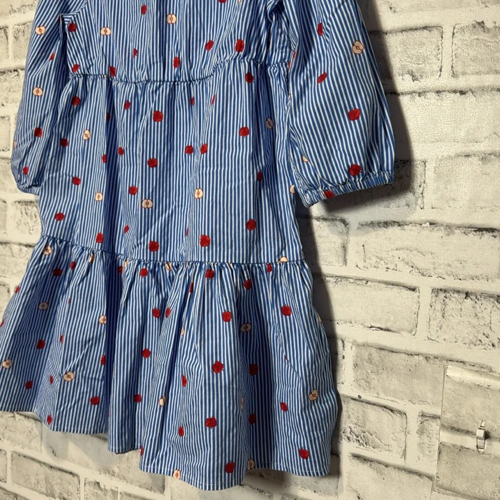 Crewcuts Blue Striped Kids Dress with‎ apple print ruffles and buttons size 7